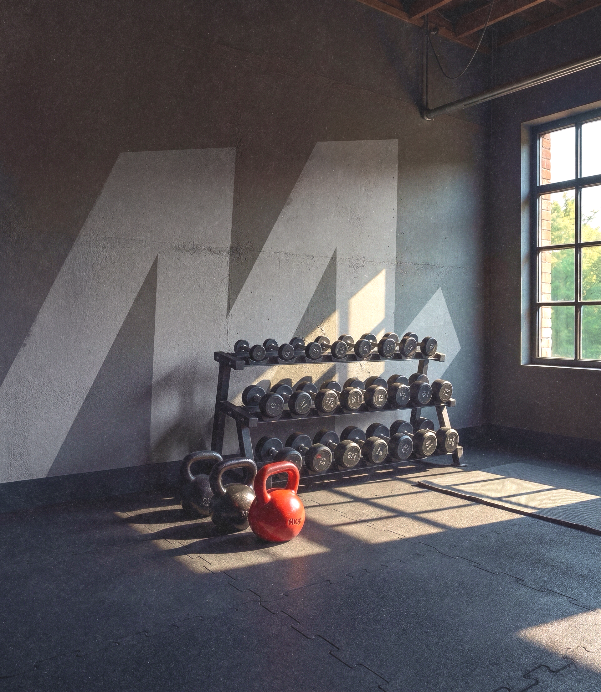 Espace forme d'entreprise : rack d'haltères et kettlebells